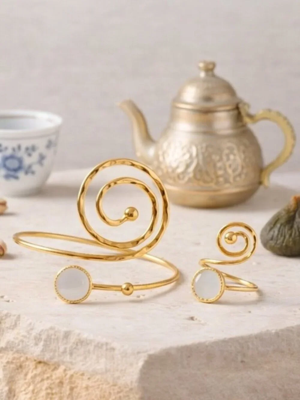 Turkish Artisanal 18K Gold Plated Spiral Set MOP Ring and Bracelet Boho